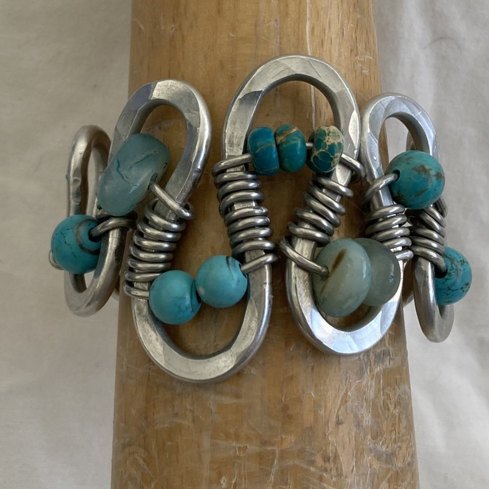 Hammered Aluminum Cuff Bracelet with Turqoise and Aqua Beads by Meigsart